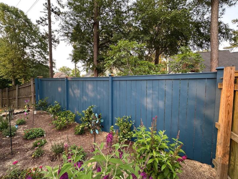 A professionally painted wooden fence. We sanded, primed and applied 2 coats for a high-quality finish, providing a clean, finished look to the backyard.