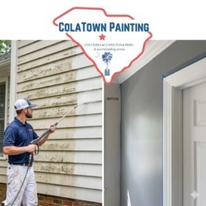 ColaTown Painting logo overlaying a photo of a professional painter working on an exterior and 