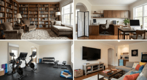 A four-panel collage showing creative ways to repurpose an unused dining room. Top-left: A cozy home library with floor-to-ceiling wooden bookshelves and plush velvet armchairs. Top-right: A professional home office with a large desk and a modern room divider for privacy. Bottom-left: A bright home gym with a treadmill, stationary bike, and weight rack. Bottom-right: A family lounge area with a sectional sofa, large TV, and a small snack bar station.