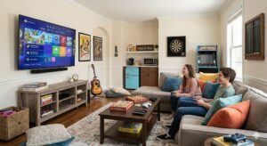 A vibrant and comfortable teen hangout room that has been converted from a formal dining space. The image shows architectural features like crown molding but is filled with relaxed furniture, including a large sectional sofa with colorful pillows and multiple gaming controllers. A large, wall-mounted big-screen TV displays a video game, while a "snack bar" station in the background features a retro-style mini-fridge and microwave. A classic arcade cabinet and a dartboard are also visible on the walls, creating an inviting entertainment space.
