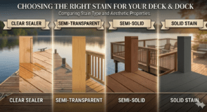 Infographic comparing four wood finishes for decks and docks. Panels show Clear Sealer (natural grain), Semi-Transparent (light tint), Semi-Solid (rich brown pigment), and Solid Stain (opaque charcoal). Each is labeled to show how much wood grain remains visible.