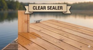 A close-up of a wooden boat dock treated with a glossy clear sealer. The natural wood grain and knots are fully visible, and the surface looks wet and protected. A calm lake is visible in the blurred background under a sunset sky.