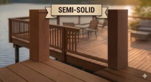 A residential wooden deck overlooking water, treated with a rich brown semi-solid stain. The finish provides heavy color coverage to hide imperfections while still showing the natural texture of the wood planks and railings.