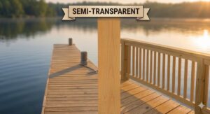 A wooden dock at sunset featuring a semi-transparent stain with a warm golden tint. The light pigment enhances the wood's color while keeping the natural grain and texture clearly visible. A wooden railing and a serene lake are in the background.