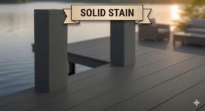A modern wooden deck treated with an opaque, dark charcoal solid stain. The finish completely covers the wood grain like paint, providing a smooth, uniform color across the planks and thick posts with a lakeside view in the background.