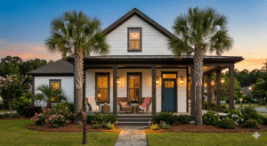 A charming suburban home with a white shingled exterior and dark trim, featuring a front porch with a teal door, rocking chairs, and warm lighting, all framed by palmetto trees and lush landscaping at sunset.