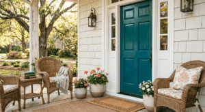 A beautifully painted teal front door on a clean, white shingle-sided porch, featuring natural wicker chairs, seasonal potted flowers, and a warm outdoor rug—perfectly capturing the spring home refresh.