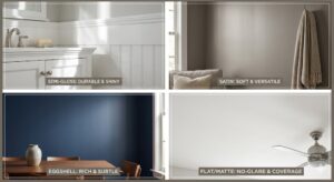Comparison grid of interior paint finishes: semi-gloss trim, satin living room, eggshell wall, and flat matte ceiling.