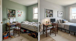 A side-by-side comparison of a kids' bedroom, showing a dramatic before and after. On the left (before), the room has green walls showing wear, is extremely cluttered with toys and clothes covering the floor and desk, and the bed is unmade. On the right (after), the same room is painted a calm, clean gray, the floor is clear with a neat area rug, the bed is expertly made with neutral bedding, and the built-in desk and shelving unit are perfectly organized.