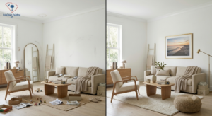 Side-by-side comparison of a living room before and after decluttering and repainting, showing scuffed walls updated with fresh paint and framed artwork above the sofa.