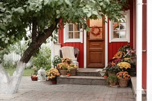 Cozily decorated red home entryway featuring potted orange and yellow chrysanthemums on wooden porch steps, decorative lanterns, and an autumn wreath on a wood front door.
